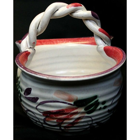Handmade Artesian Pottery Basket Clay Painted Glazed White Purple Flower Twisted - Picture 2 of 8